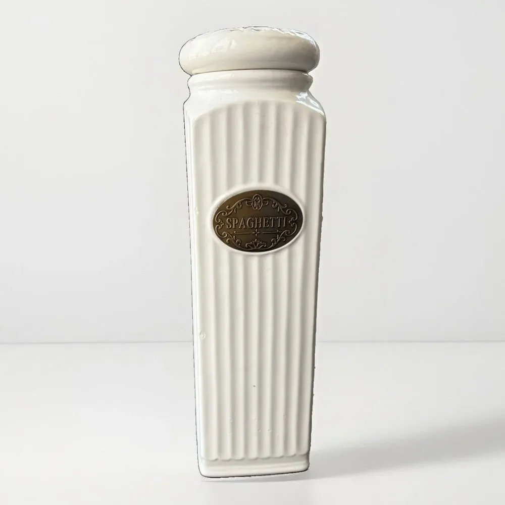 THL White Ceramic Spaghetti Canister Farmhouse Ribbed Jar Bronze Label Lace Lid
